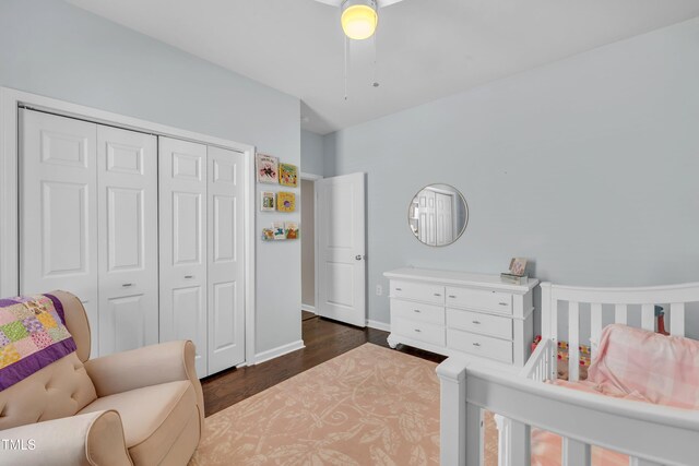 2626 Nassau Trce, Fuquay Varina, NC 27526 - bedroom with dark wood-style flooring, a closet, and a ceiling fan