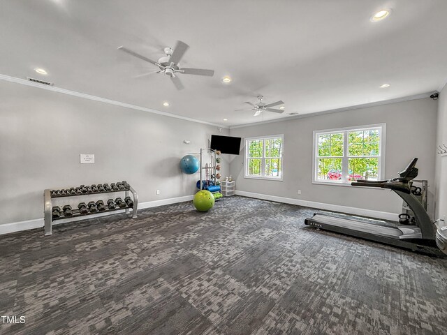 2626 Nassau Trce, Fuquay Varina, NC 27526 - workout room featuring ornamental molding, carpet, recessed lighting, and ceiling fan