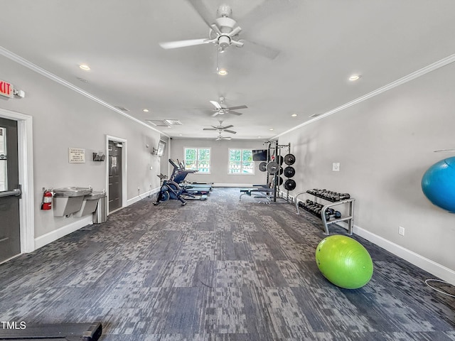 2626 Nassau Trce, Fuquay Varina, NC 27526 - workout room with ornamental molding, wood finished floors, a ceiling fan, and recessed lighting