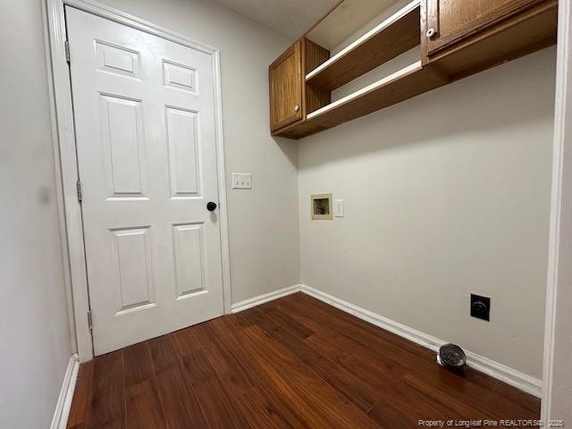 162 E Twelve Oaks Rd, Raeford, NC 28376 - laundry area with cabinet space, hookup for an electric dryer, dark wood finished floors, and hookup for a washing machine