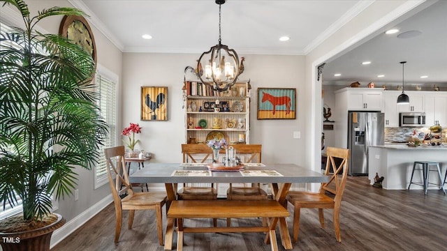 2141 Cherry Grove Rd, Yanceyville, NC 27379 - dining room featuring dark wood finished floors, recessed lighting, a chandelier, and crown molding