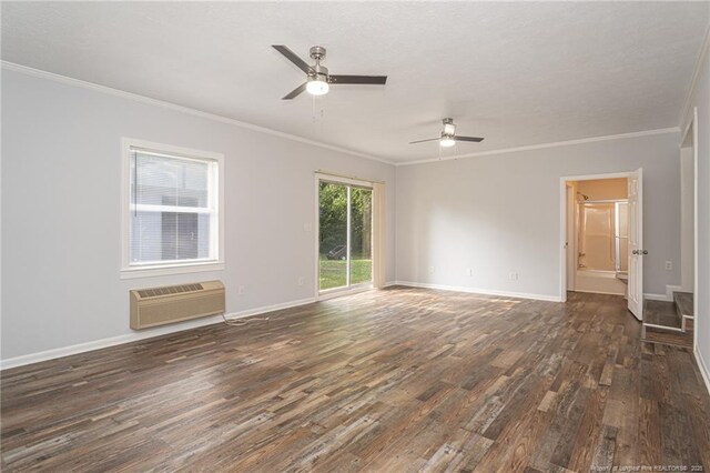 2110 Lombardy Dr, Fayetteville, NC 28304 - empty room featuring a wall mounted air conditioner, crown molding, dark wood-type flooring, and ceiling fan
