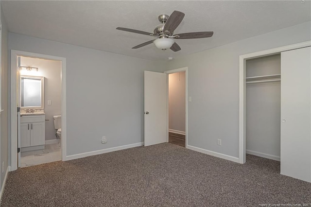 2110 Lombardy Dr, Fayetteville, NC 28304 - unfurnished bedroom featuring a closet, light carpet, ensuite bath, and ceiling fan