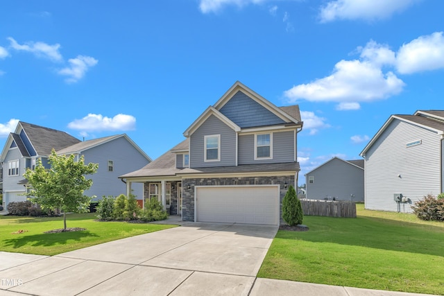 525 Willow Breeze Ct, Zebulon, NC 27597 - craftsman-style home with concrete driveway, a garage, and stone siding
