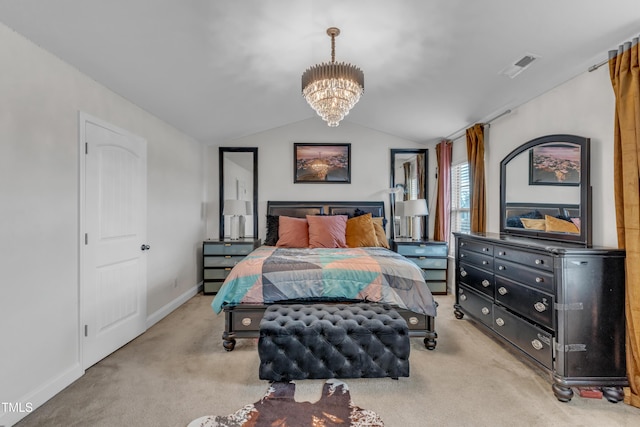 525 Willow Breeze Ct, Zebulon, NC 27597 - bedroom featuring light carpet, a chandelier, and lofted ceiling