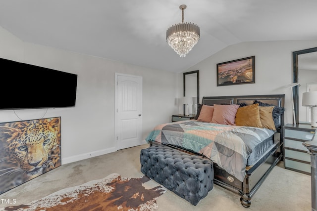 525 Willow Breeze Ct, Zebulon, NC 27597 - bedroom featuring a chandelier, carpet floors, and vaulted ceiling
