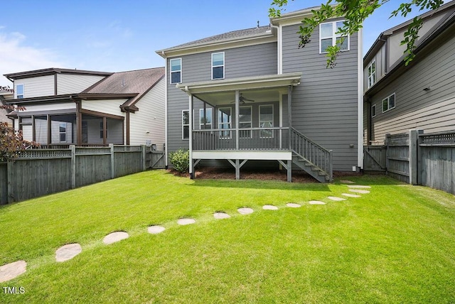 1962 Briar Chapel Pkwy, Chapel Hill, NC 27516 - back of property with a sunroom, ceiling fan, a fenced backyard, a gate, and stairs