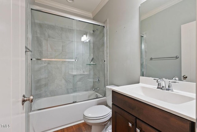 1962 Briar Chapel Pkwy, Chapel Hill, NC 27516 - bathroom with crown molding, vanity, bath / shower combo with glass door, and wood finished floors
