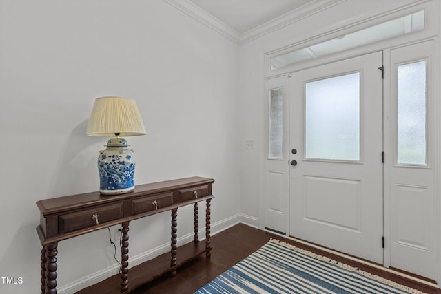 9302 Nellman Ln, Raleigh, NC 27617 - entryway featuring dark wood-style flooring and ornamental molding