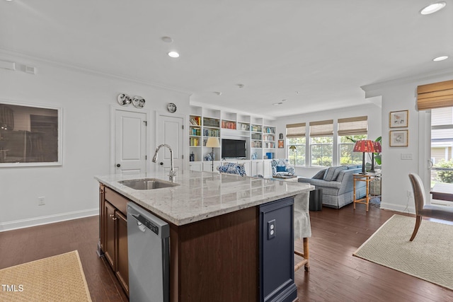 9302 Nellman Ln, Raleigh, NC 27617 - kitchen with dishwasher, ornamental molding, open floor plan, dark wood-style floors, and recessed lighting