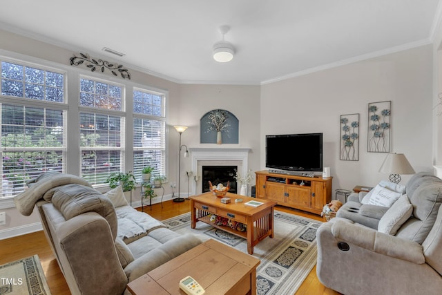 12227 Orchardgrass Ln, Raleigh, NC 27614 - living room featuring ornamental molding, light wood-style floors, and a fireplace