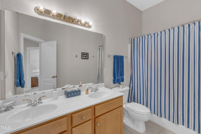 12227 Orchardgrass Ln, Raleigh, NC 27614 - bathroom with double vanity, tile patterned flooring, and a shower with curtain