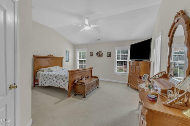 12227 Orchardgrass Ln, Raleigh, NC 27614 - bedroom featuring vaulted ceiling, light carpet, and ceiling fan