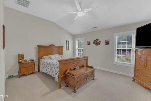 12227 Orchardgrass Ln, Raleigh, NC 27614 - bedroom with light colored carpet, vaulted ceiling, and ceiling fan