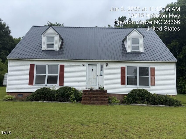 13015 Hobbton Hwy, Newton Grove, NC 28366 - cape cod house with crawl space, entry steps, a front yard, and a metal roof