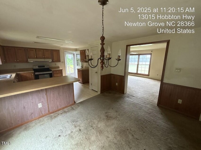 13015 Hobbton Hwy, Newton Grove, NC 28366 - kitchen with stainless steel electric stove, range hood, light colored carpet, plenty of natural light, and wainscoting