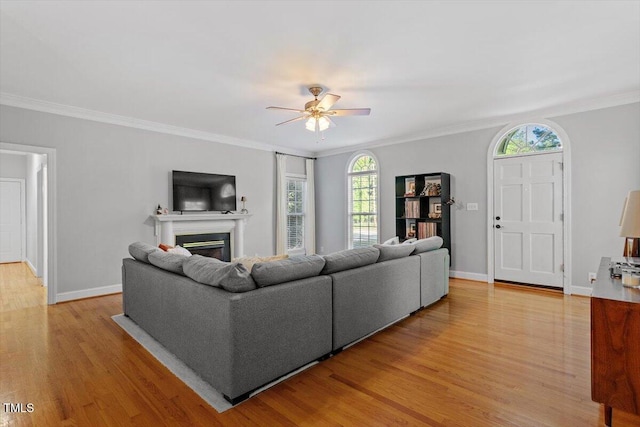 1819 Umstead Rd, Durham, NC 27712 - living area with ceiling fan, light wood-type flooring, plenty of natural light, a glass covered fireplace, and ornamental molding