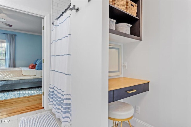 1819 Umstead Rd, Durham, NC 27712 - ensuite bathroom with crown molding and a shower with shower curtain