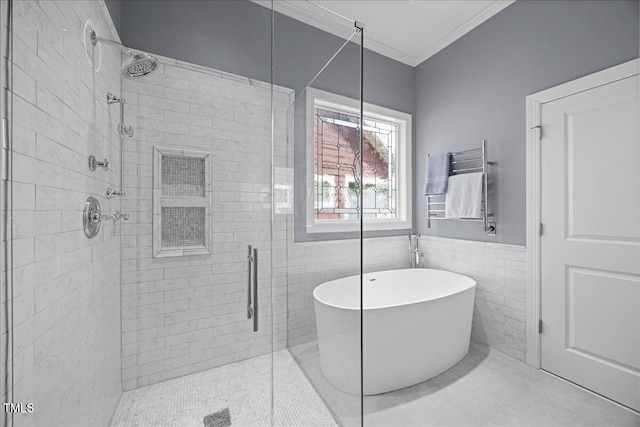 1330 Rodessa, Raleigh, NC 27607 - bathroom featuring crown molding, a shower stall, a freestanding tub, tile walls, and wainscoting