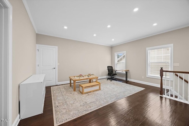 1330 Rodessa, Raleigh, NC 27607 - living area with ornamental molding, dark wood-style flooring, an upstairs landing, recessed lighting, and an office area