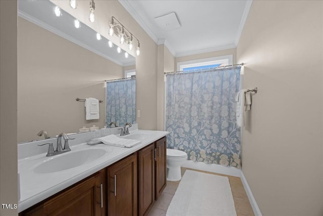 1330 Rodessa, Raleigh, NC 27607 - bathroom with double vanity, ornamental molding, tile patterned floors, and shower / bath combo with shower curtain