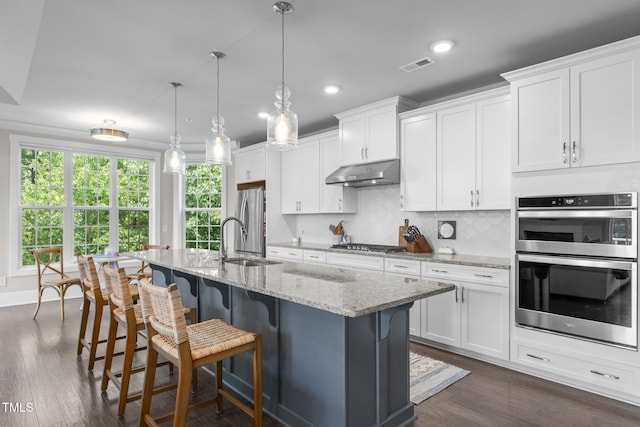 10310 Sablewood Dr Unit 211, Raleigh, NC 27617 - kitchen with under cabinet range hood, appliances with stainless steel finishes, dark wood-type flooring, white cabinets, and recessed lighting