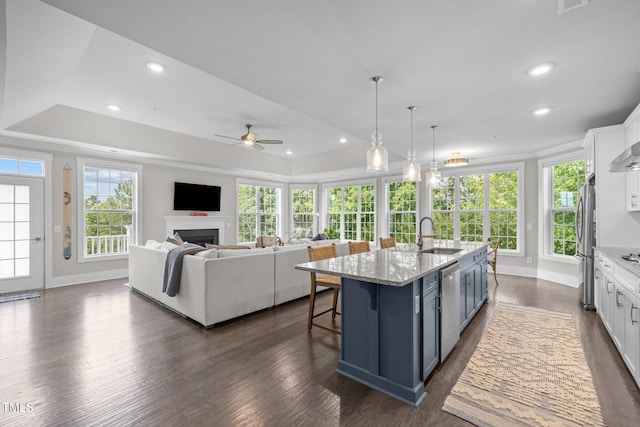 10310 Sablewood Dr Unit 211, Raleigh, NC 27617 - kitchen with stainless steel appliances, a tray ceiling, white cabinetry, an island with sink, and a kitchen breakfast bar