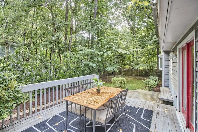 2334 Dawn Trl, Durham, NC 27712 - deck featuring a fenced backyard and outdoor dining space