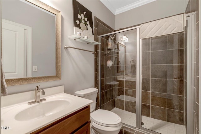 218 Kinvara Ct, Wake Forest, NC 27587 - full bath with vanity, a stall shower, and ornamental molding