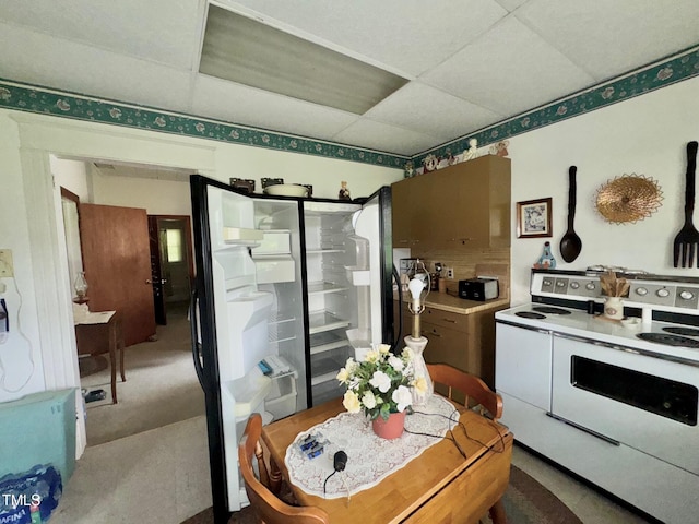 410 High St, Norlina, NC 27563 - kitchen featuring white electric stove, a drop ceiling, and carpet flooring