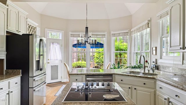 5 Wake Forest Ct, Southern Pines, NC 28387 - kitchen with stainless steel appliances, a chandelier, healthy amount of natural light, light wood finished floors, and vaulted ceiling