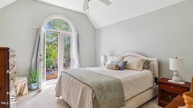 5 Wake Forest Ct, Southern Pines, NC 28387 - bedroom with access to exterior, light colored carpet, vaulted ceiling, and ceiling fan