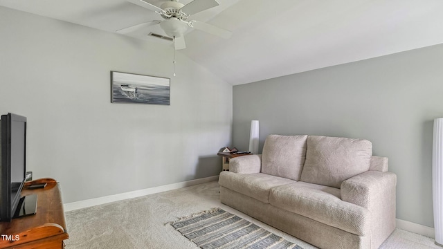 5 Wake Forest Ct, Southern Pines, NC 28387 - carpeted living area featuring vaulted ceiling and a ceiling fan