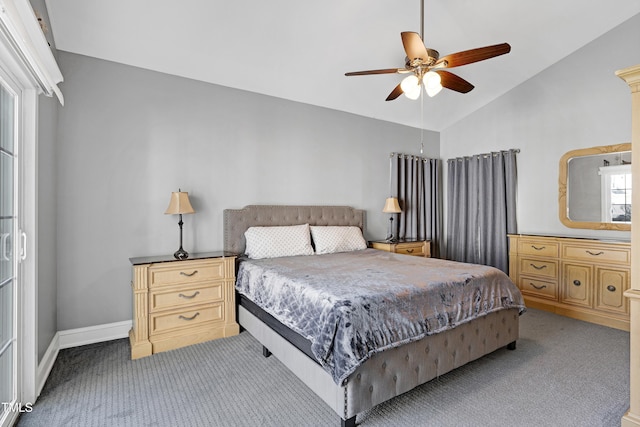5013 Wheatridge Dr, Fuquay Varina, NC 27526 - bedroom featuring light carpet, vaulted ceiling, and ceiling fan