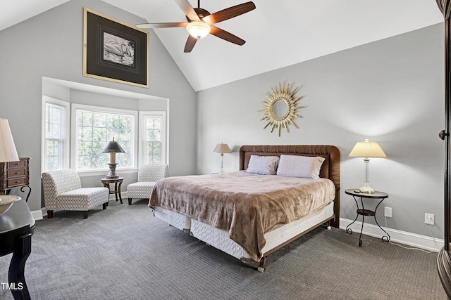 5013 Wheatridge Dr, Fuquay Varina, NC 27526 - carpeted bedroom featuring high vaulted ceiling and a ceiling fan
