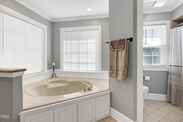 5013 Wheatridge Dr, Fuquay Varina, NC 27526 - full bathroom with tile patterned flooring, a bath, and ornamental molding
