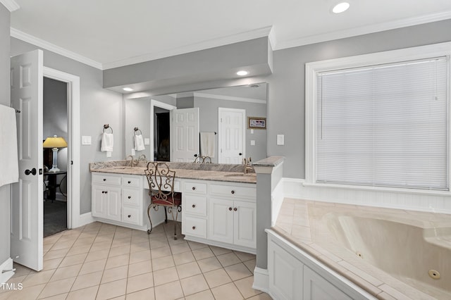 5013 Wheatridge Dr, Fuquay Varina, NC 27526 - full bathroom featuring vanity, a tub with jets, ornamental molding, tile patterned flooring, and recessed lighting