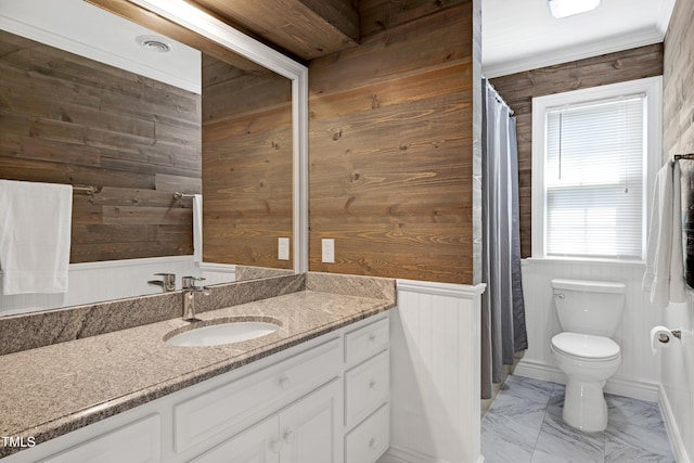 5013 Wheatridge Dr, Fuquay Varina, NC 27526 - bathroom featuring wood walls, vanity, marble look tile flooring, and curtained shower