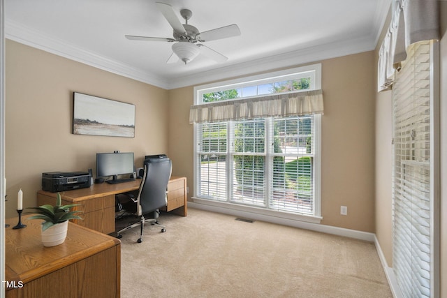 315 Birdwood Ct, Cary, NC 27519 - office featuring light carpet, ornamental molding, and ceiling fan