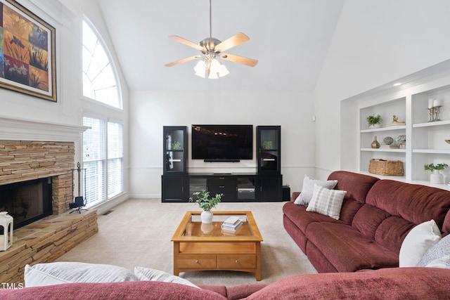 315 Birdwood Ct, Cary, NC 27519 - living area featuring high vaulted ceiling, ceiling fan, a fireplace, and carpet floors