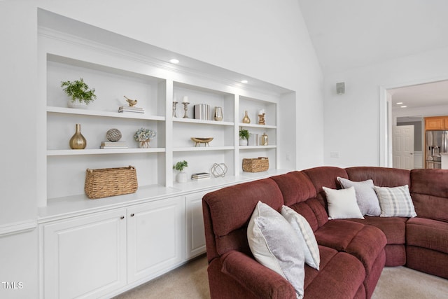 315 Birdwood Ct, Cary, NC 27519 - living area with built in features, recessed lighting, light carpet, and vaulted ceiling