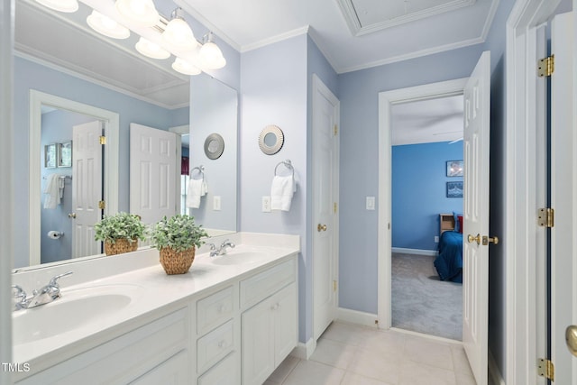 315 Birdwood Ct, Cary, NC 27519 - ensuite bathroom with double vanity, tile patterned floors, and crown molding