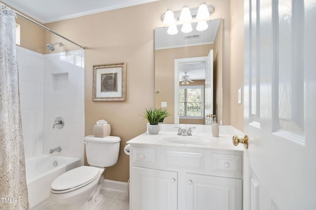 315 Birdwood Ct, Cary, NC 27519 - bathroom featuring vanity, shower / bath combo, tile patterned flooring, ornamental molding, and a ceiling fan