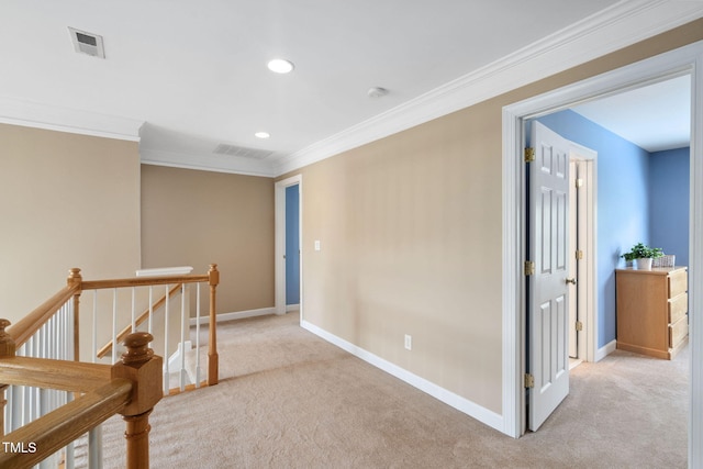 315 Birdwood Ct, Cary, NC 27519 - hall with an upstairs landing, light colored carpet, ornamental molding, and recessed lighting