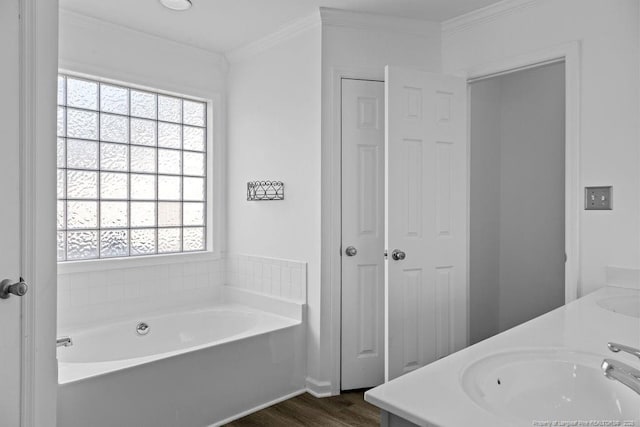 3118 High Plains Dr, Hope Mills, NC 28348 - full bath with a bath, wood finished floors, healthy amount of natural light, crown molding, and double vanity