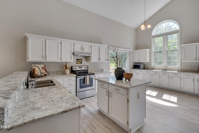 5308 Bentgrass Dr, Raleigh, NC 27610 - kitchen with stainless steel appliances, high vaulted ceiling, under cabinet range hood, light stone countertops, and light wood-type flooring