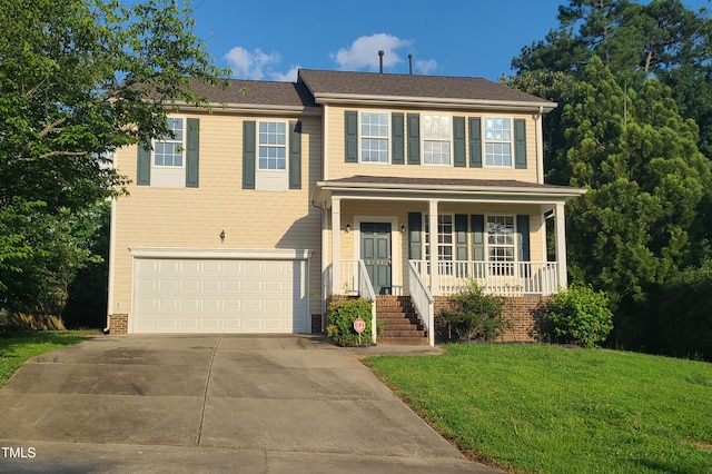 6701 Winding Arch Dr, Durham, NC 27713 - view of front facade featuring a garage, a porch, driveway, and a front lawn