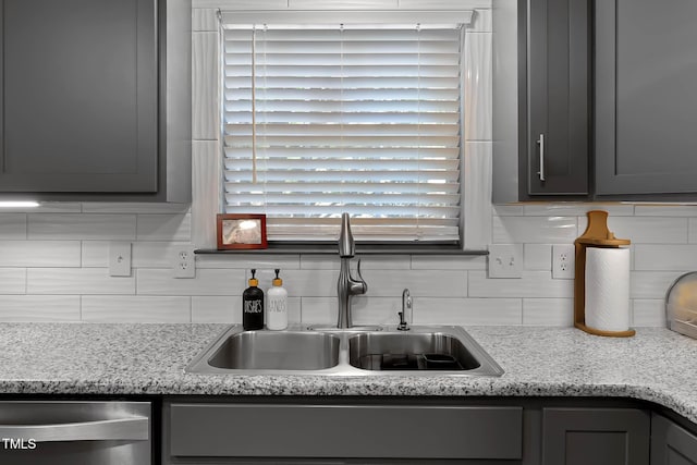 2302 Fordcrest Dr, Apex, NC 27502 - kitchen view of stainless steel dishwasher, tasteful backsplash, and gray cabinets