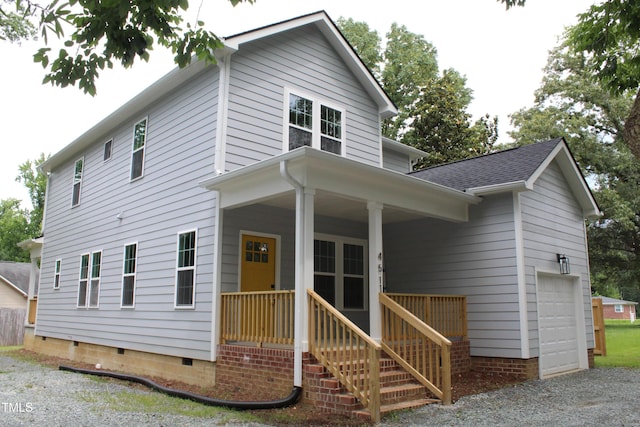 4511 Denfield St, Durham, NC 27704 - view of front facade with crawl space, covered porch, gravel driveway, and a garage