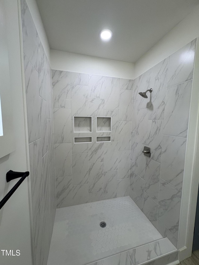 4511 Denfield St, Durham, NC 27704 - full bathroom featuring a tile shower and recessed lighting